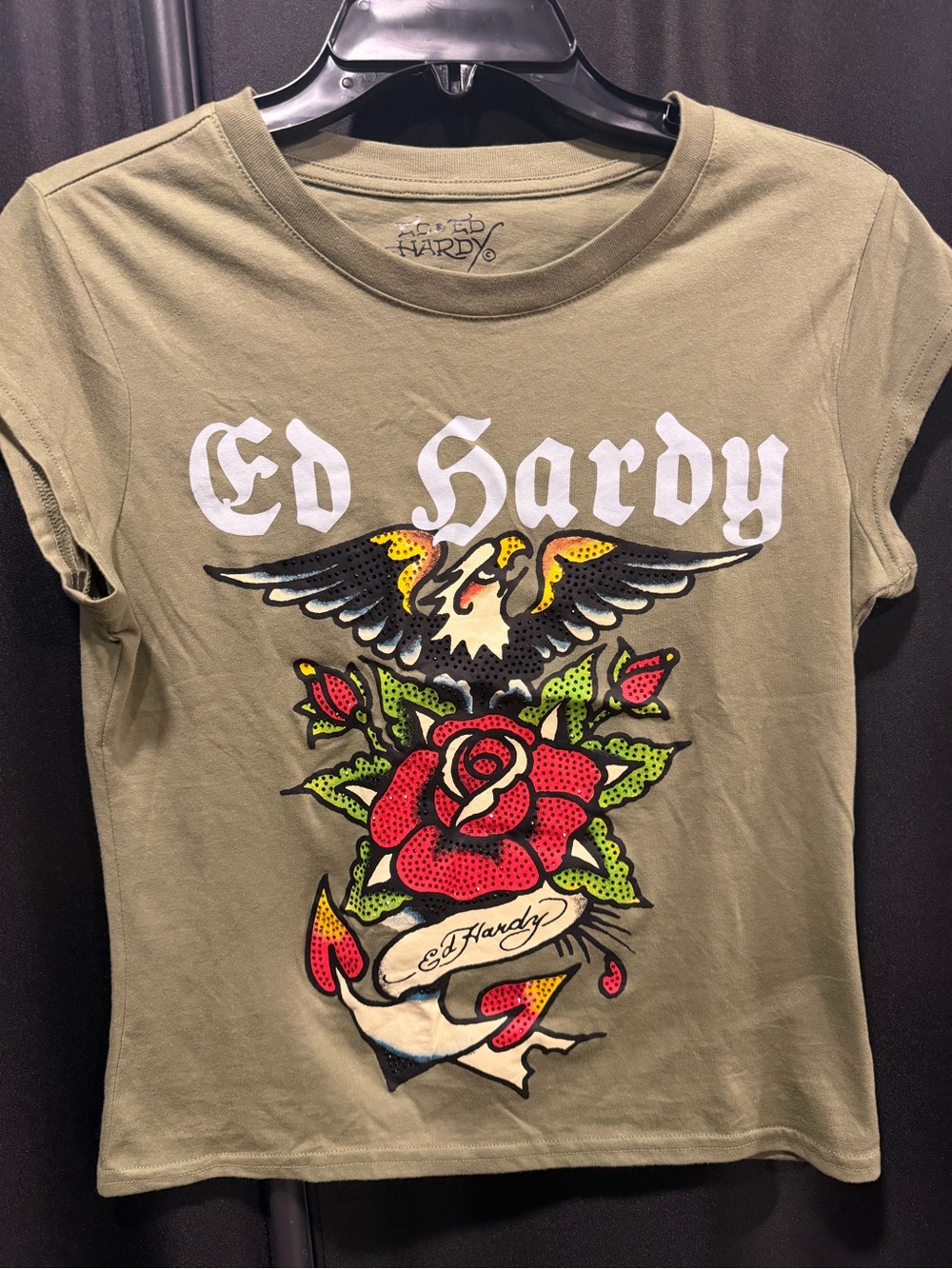 Ed Hardy Women's rhinestone Olive Graphic Tee with Rose & Eagle